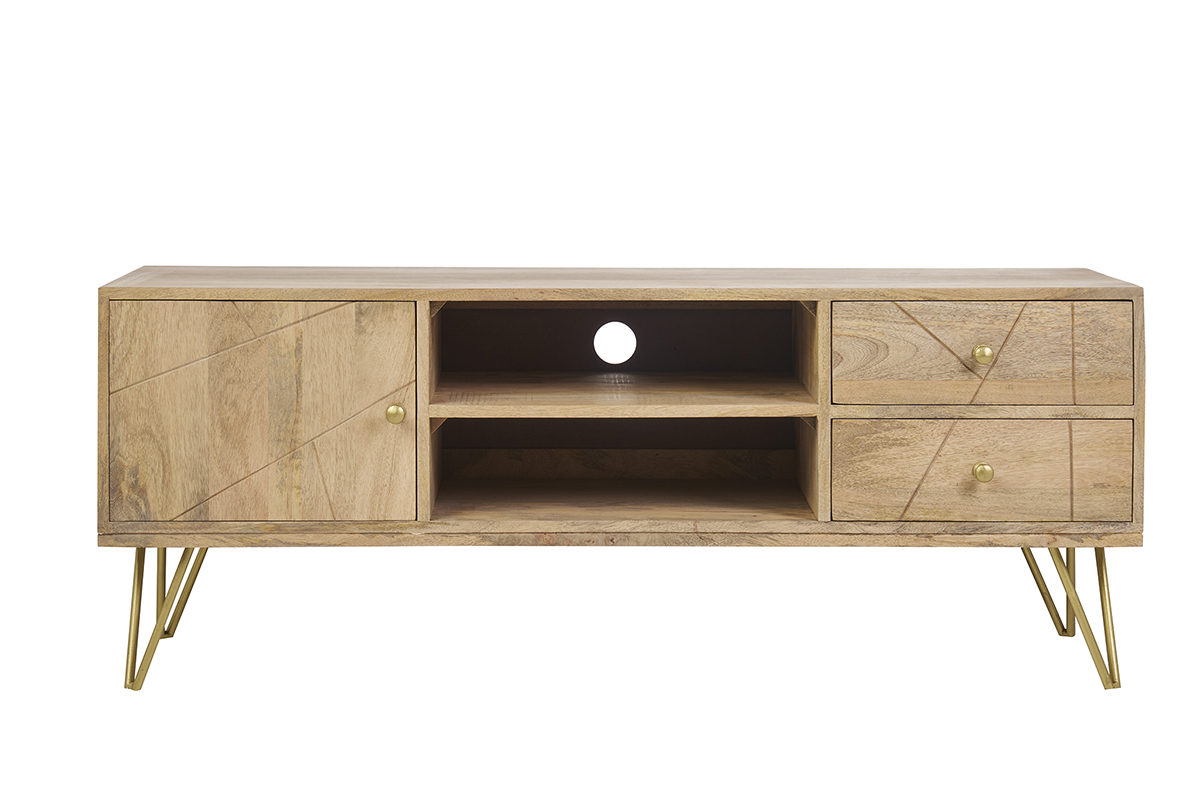Meuble TV grav� en bois manguier massif et m�tal L130 LINIUM