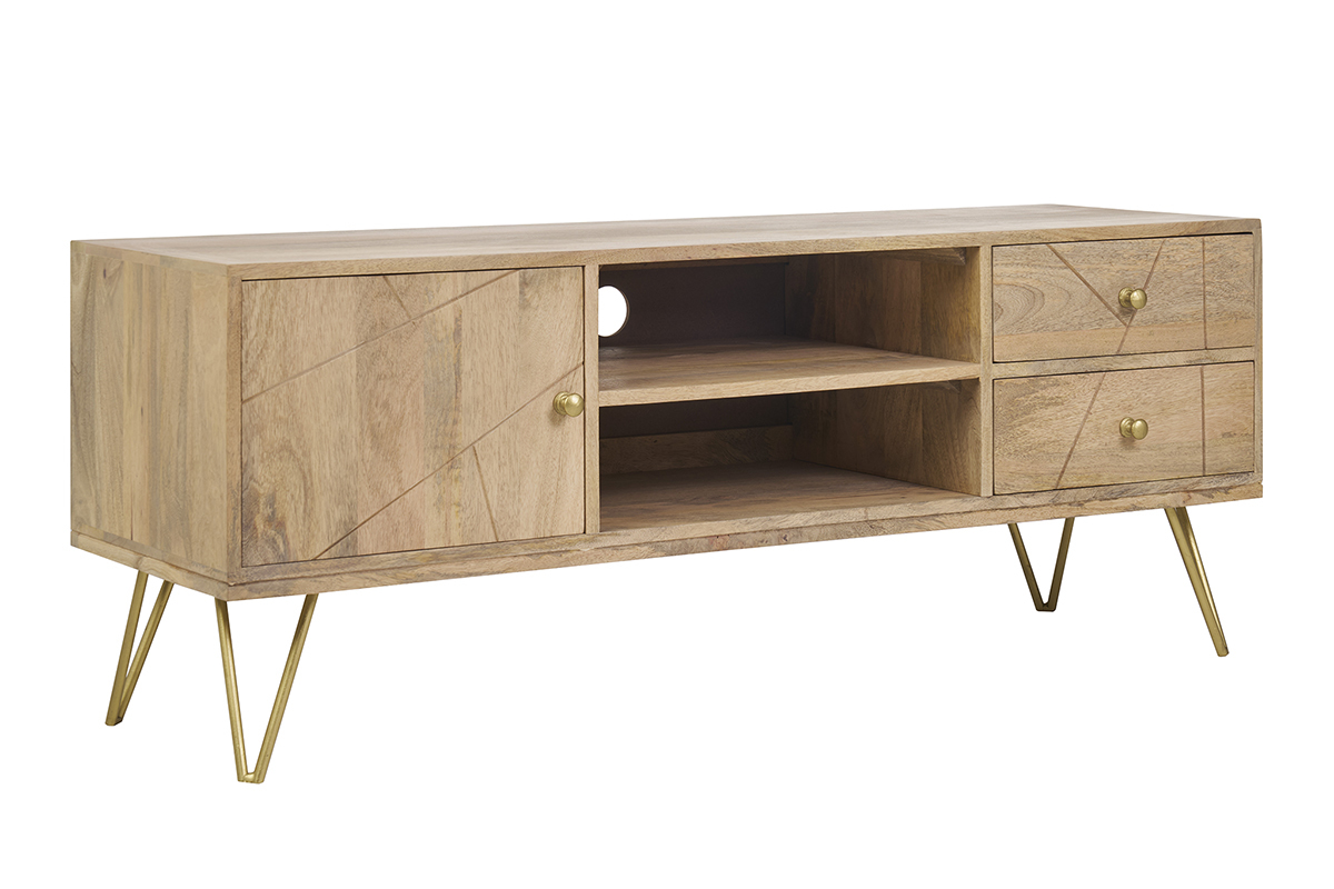 Meuble TV grav� en bois manguier massif et m�tal L130 LINIUM