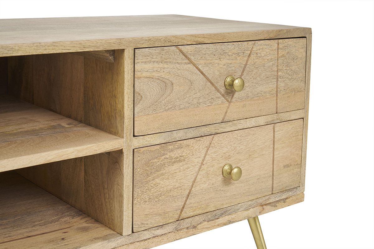 Meuble TV grav� en bois manguier massif et m�tal L130 LINIUM