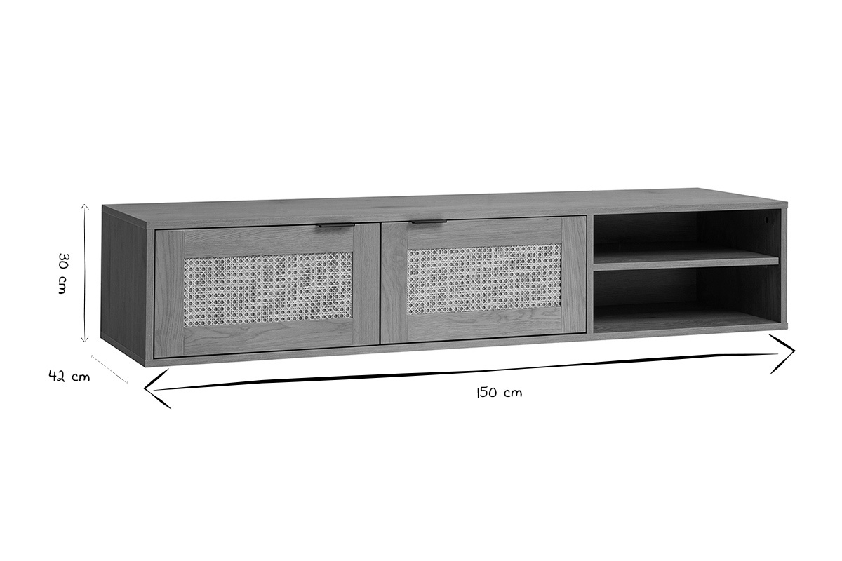 Dimensions du meuble TV mural MANILLE, L150 x P42 x H30 cm, en noir et blanc.
