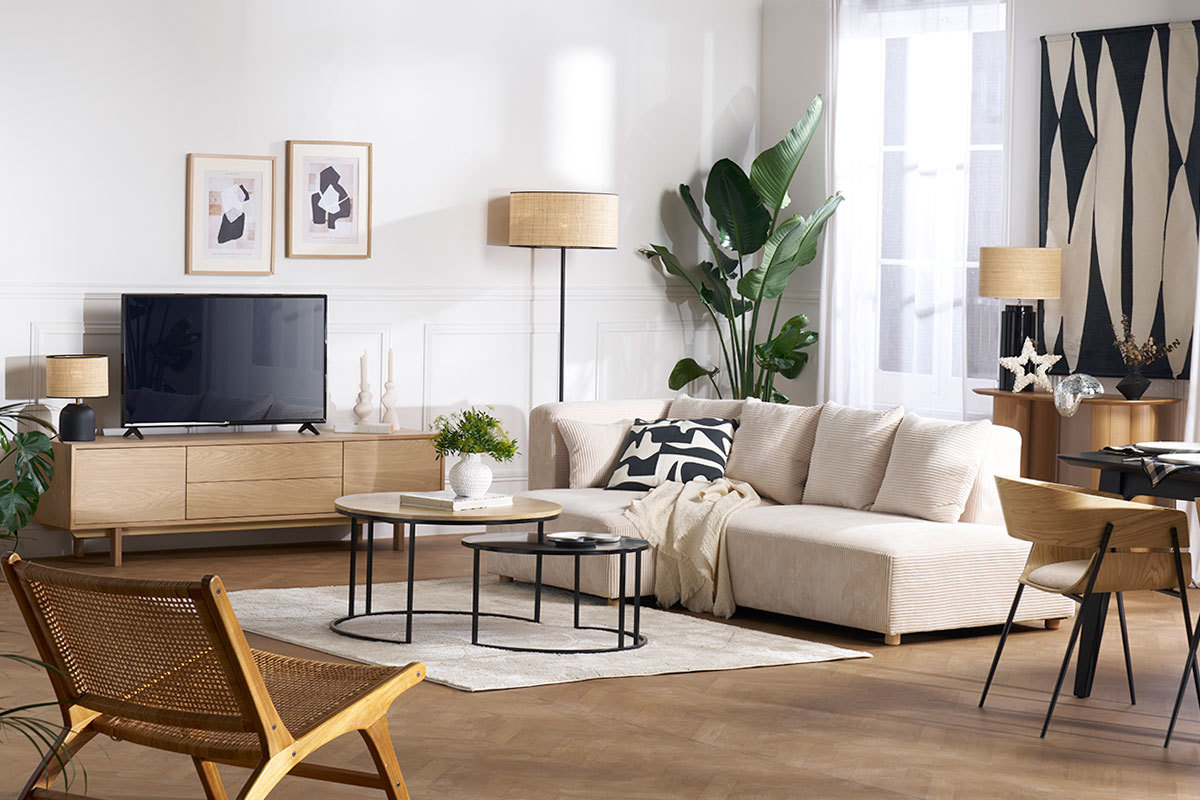 Meuble TV scandinave bois clair ch�ne 2 portes 2 tiroirs L180cm SID