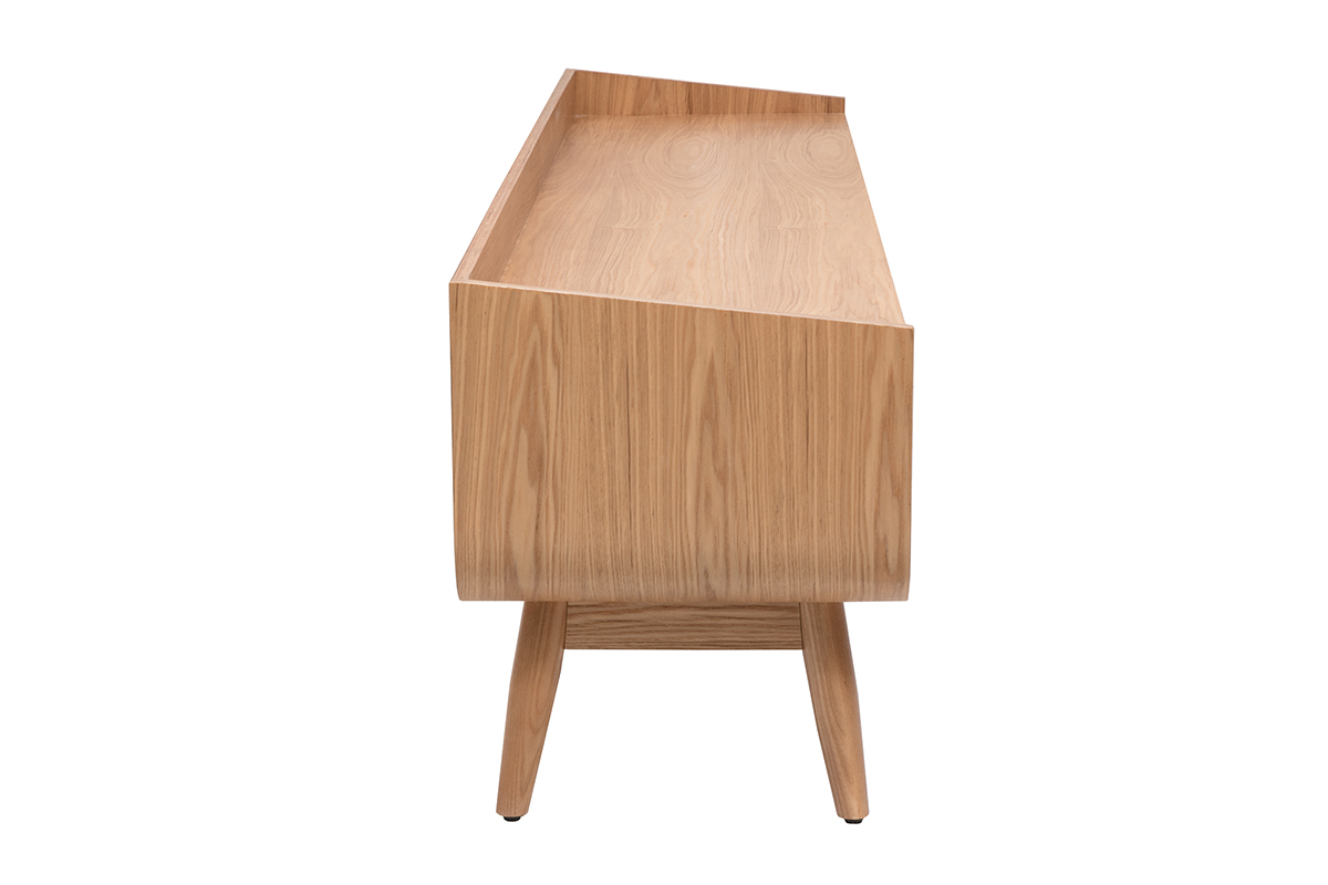 Meuble TV scandinave en bois clair, vue de profil, longueur 200 cm, avec pieds fusel�s.