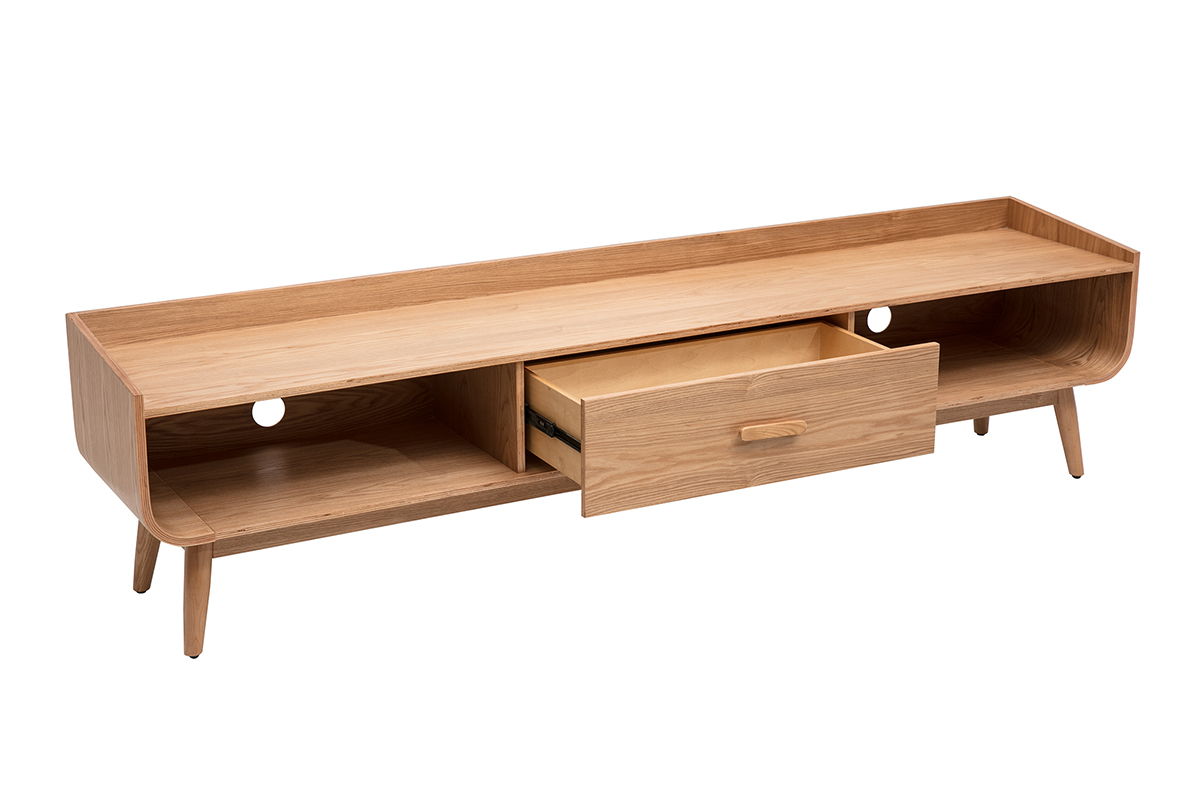 Meuble TV scandinave en bois clair avec tiroir ouvert et niches lat�rales, vue de 3/4.