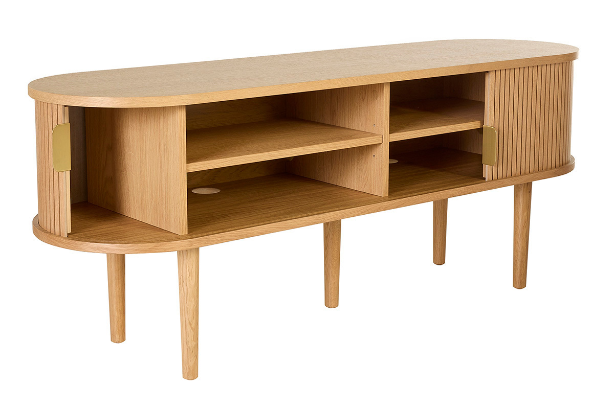Meuble TV vintage en bois clair ch�ne avec rangements, deux portes coulissantes, vue de 3/4.