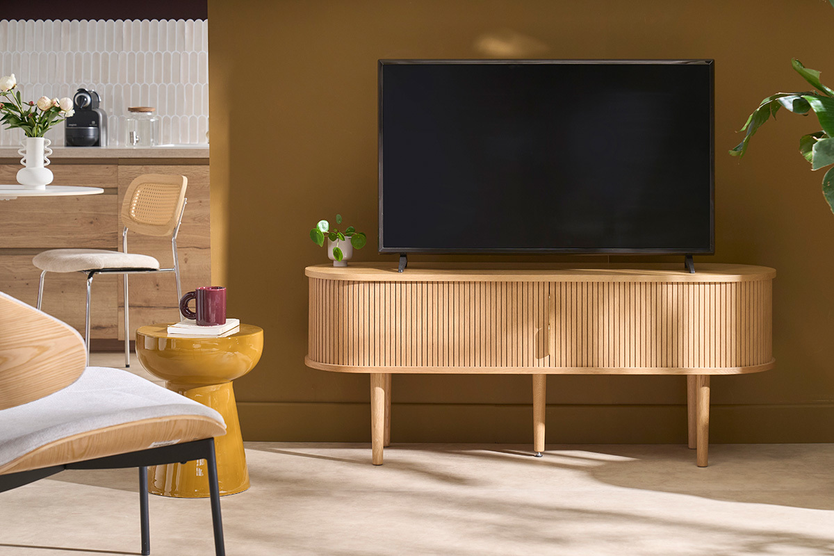 Meuble TV vintage bois clair ch�ne avec rangements 2 portes coulissantes L138 cm EPIC