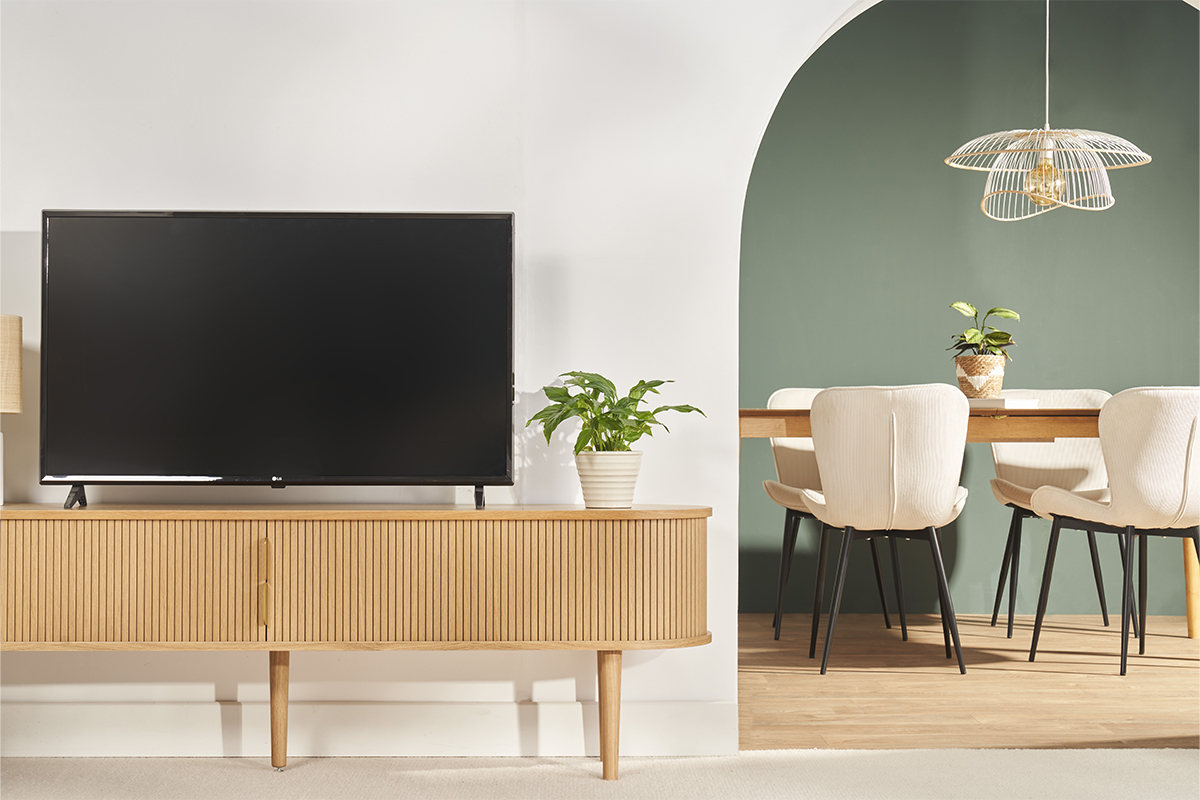 Meuble TV vintage bois clair ch�ne avec rangements 2 portes coulissantes L180 cm EPIC
