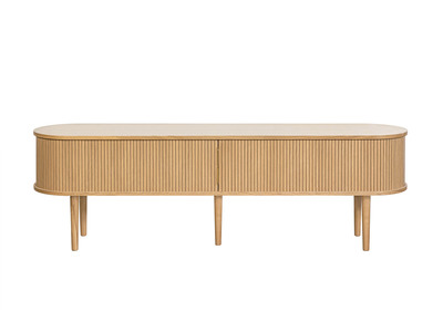 Meuble TV vintage bois clair ch&ecirc;ne avec rangements 2 portes coulissantes L180 cm EPIC