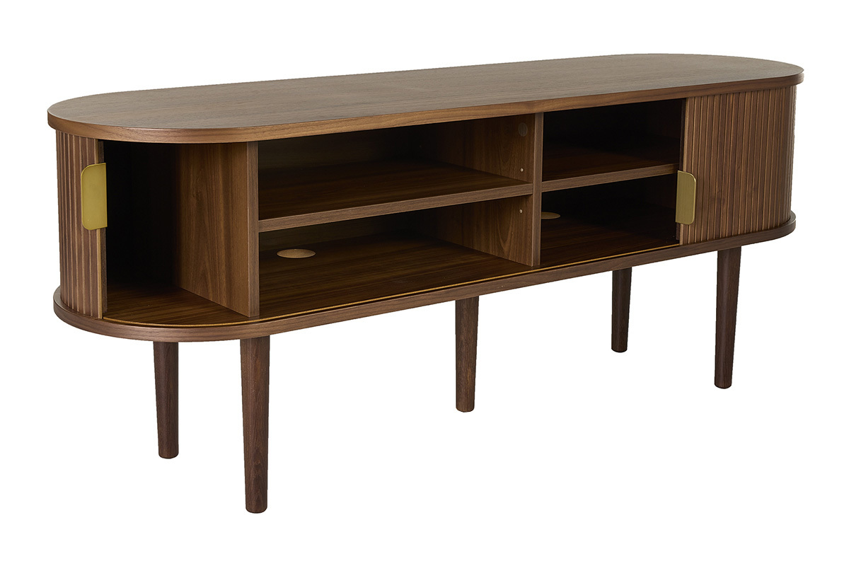 Meuble TV vintage en bois fonc� noyer avec deux portes coulissantes, vue de 3/4, pieds en ch�ne massif.