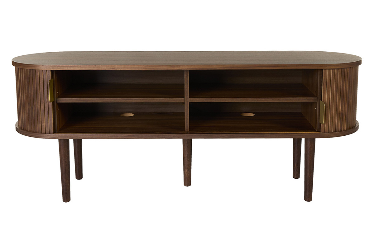 Meuble TV vintage bois fonc� noyer avec rangements 2 portes coulissantes L138 cm EPIC