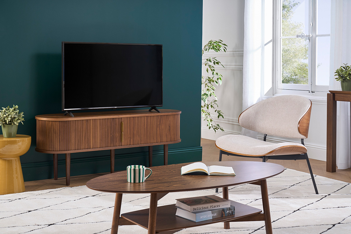 Meuble TV vintage bois fonc� noyer avec rangements 2 portes coulissantes L138 cm EPIC