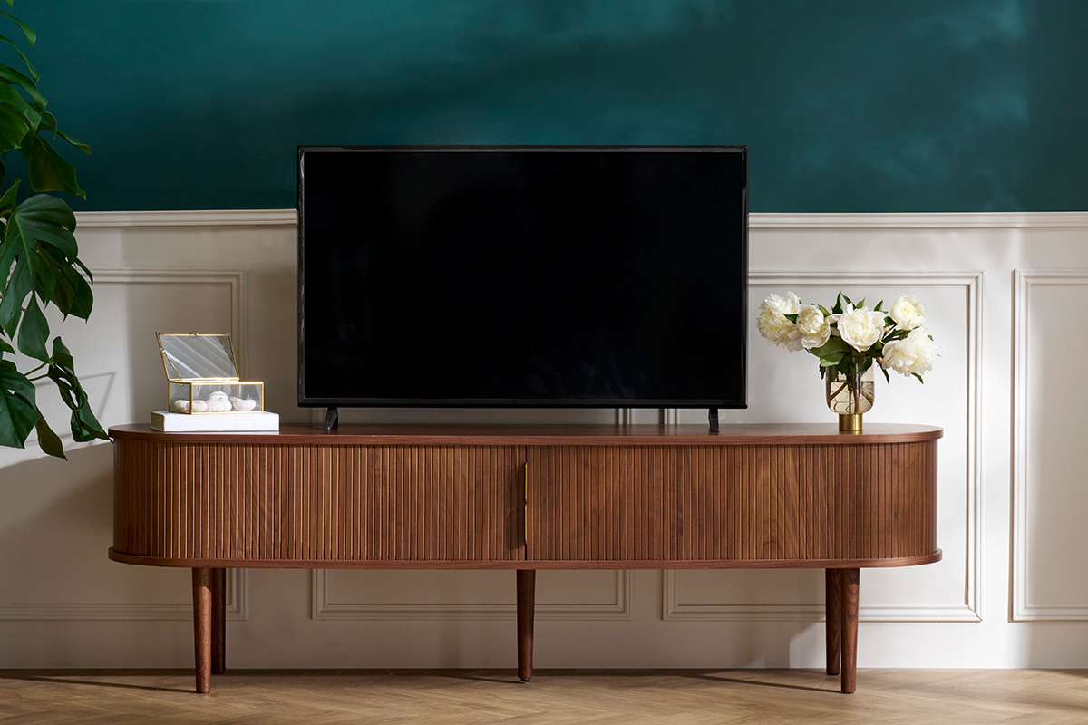 Meuble TV vintage bois fonc� noyer avec rangements 2 portes coulissantes L180 cm EPIC