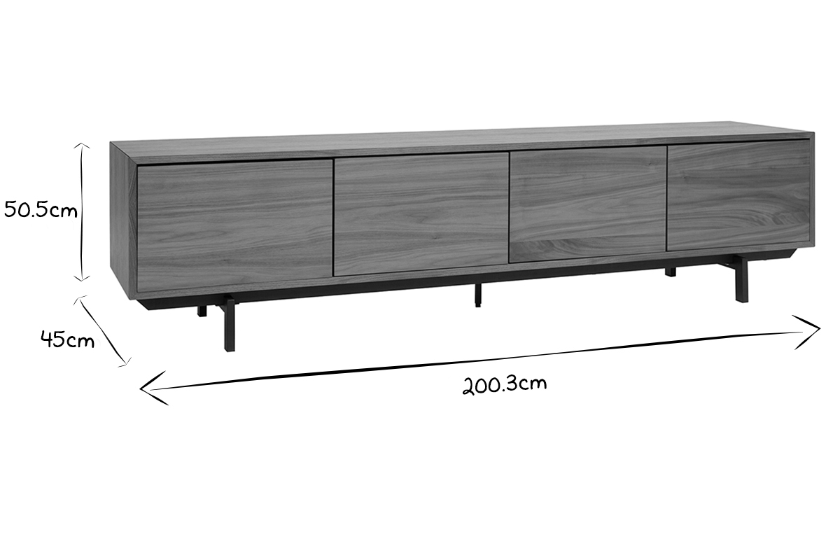 Meuble TV vintage noir et bois noyer avec dimensions L200.3 x P45 x H50.5 cm en noir et blanc.