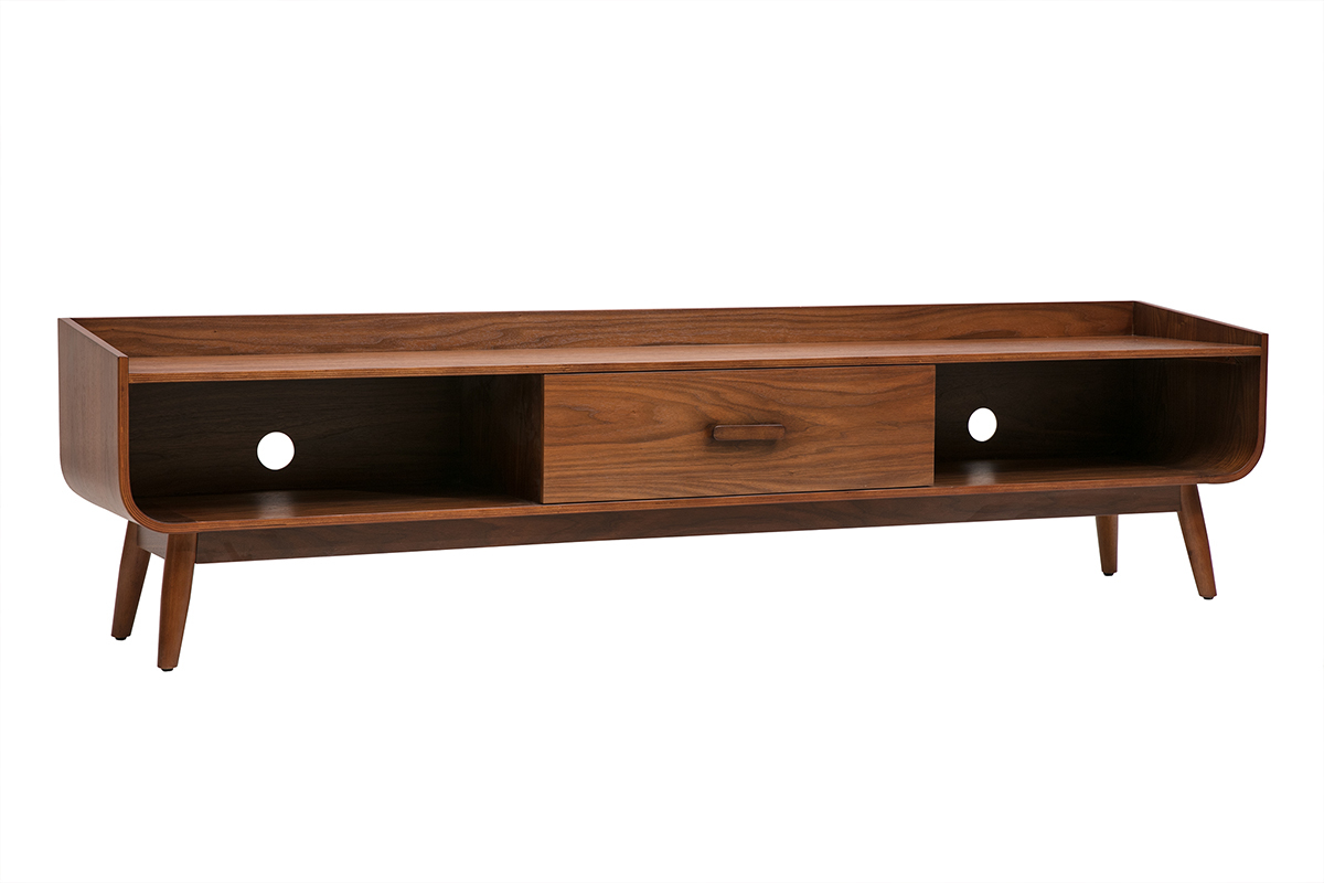Meuble TV vintage en bois fonc� noyer, avec tiroir et niches ouvertes, vue de 3/4.
