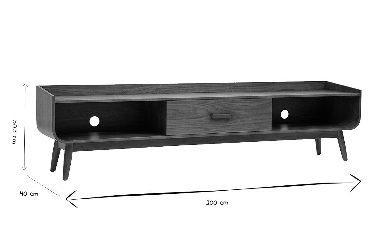 Dimensions du meuble TV HALLEN : L200 cm, P40 cm, H50,3 cm en noir et blanc.