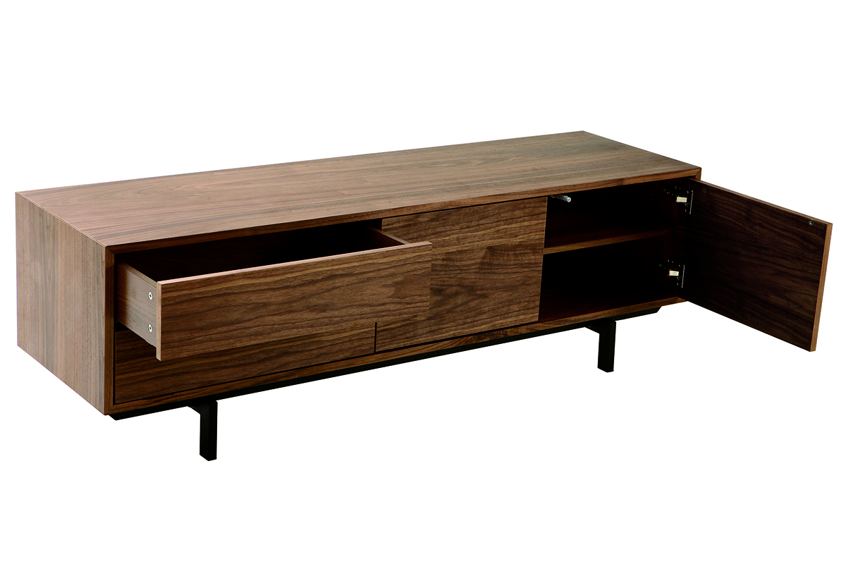 Meuble TV vintage en bois fonc� avec tiroir ouvert et porte ouverte, pieds en m�tal noir.
