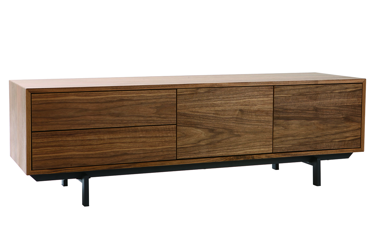 Meuble TV vintage en bois fonc� avec pieds en m�tal noir, vue de 3/4.