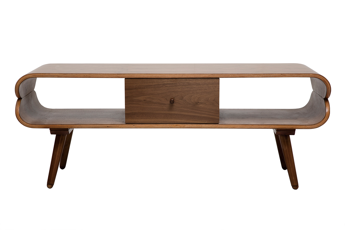 Meuble TV vintage en bois fonc� avec tiroir central et niches lat�rales, vue de face.