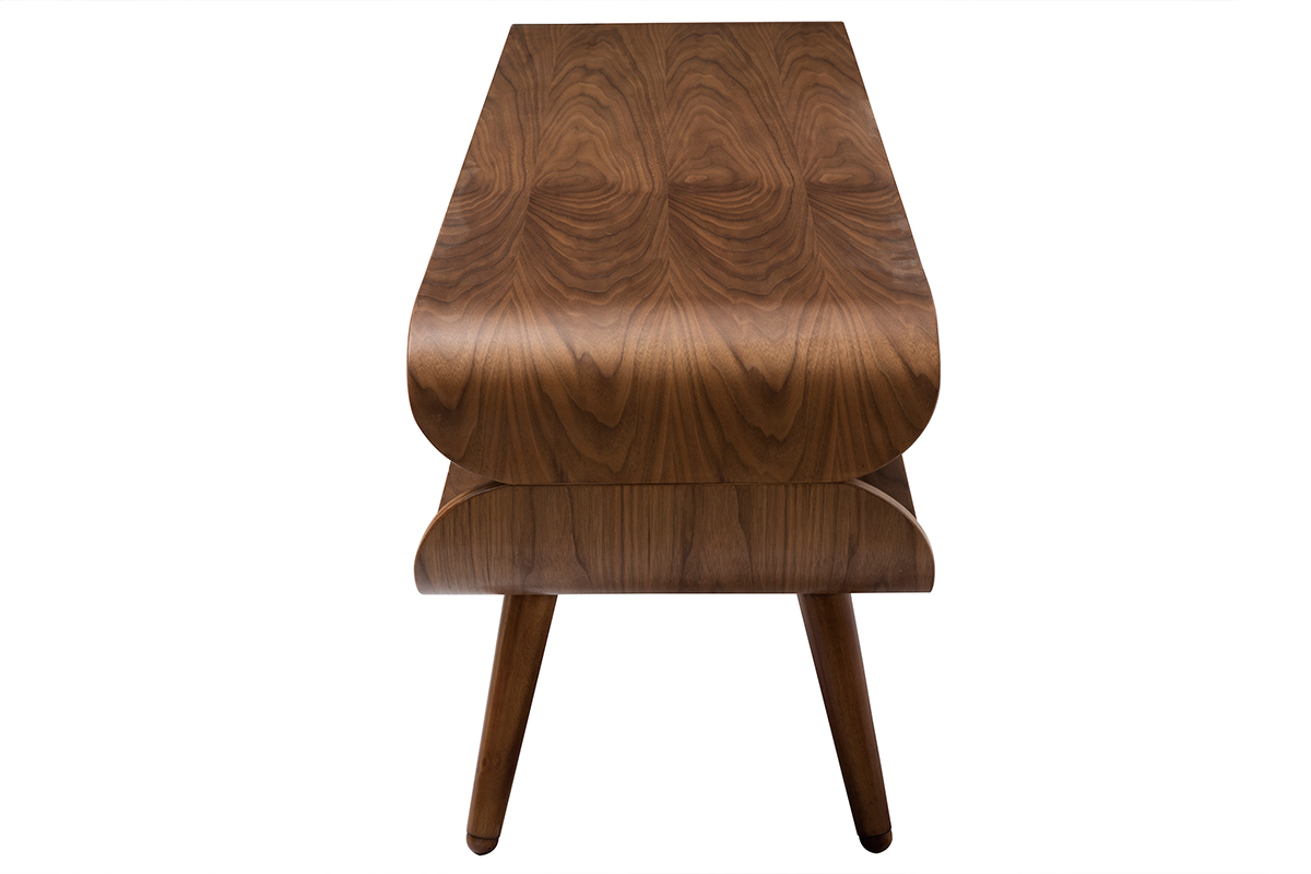 Vue lat�rale du meuble TV vintage en bois fonc� TAKLA, avec pieds arrondis.