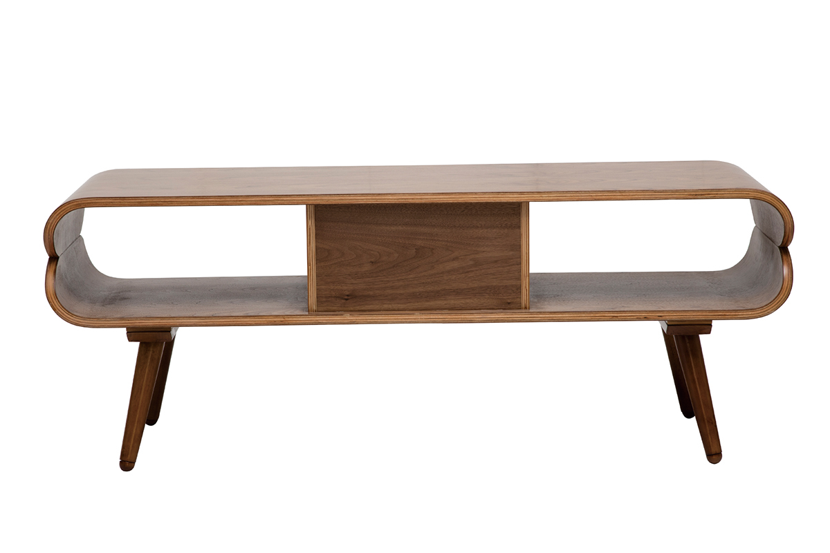 Meuble TV vintage en bois fonc� avec niches et tiroir, pi�tement en bois arrondi.