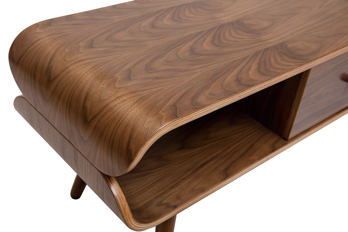 Meuble TV en bois fonc�, design courb�, vue en gros plan sur coin et niche.