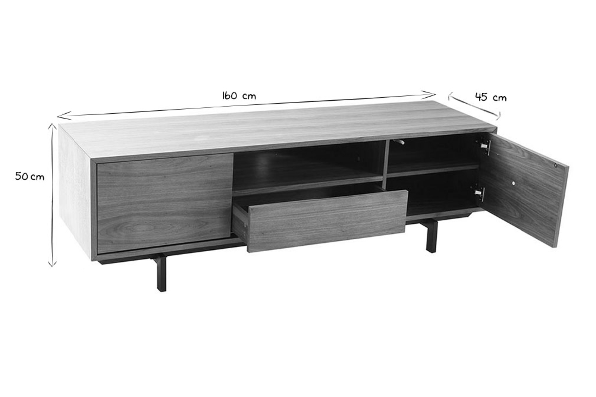 Meuble TV vintage L160xP45xH50 cm en noir et blanc avec portes et tiroirs ouverts.