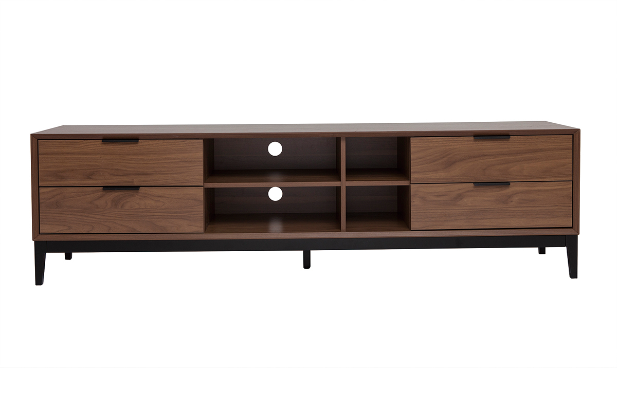 Meuble TV vintage finition bois fonc� noyer et m�tal noir avec rangements L180 cm SARTO