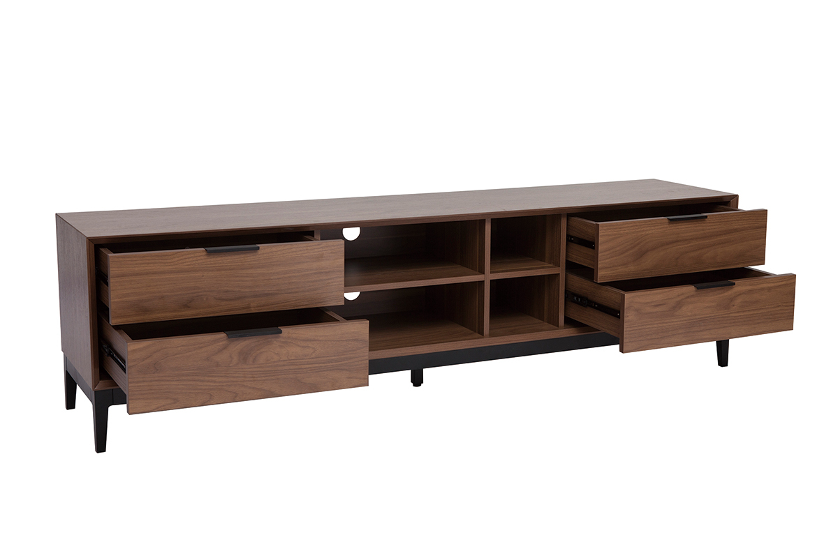 Meuble TV vintage finition bois fonc� noyer et m�tal noir avec rangements L180 cm SARTO