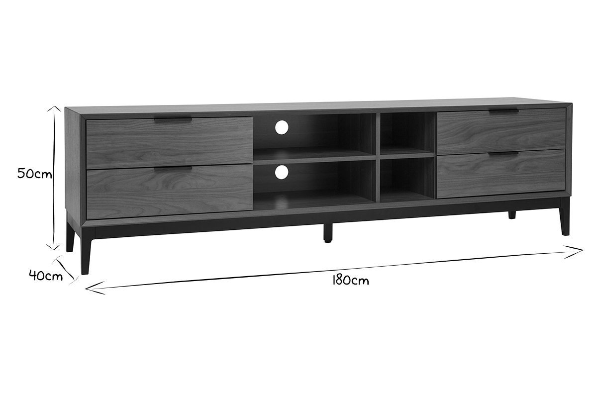 Meuble TV vintage finition bois fonc� noyer et m�tal noir avec rangements L180 cm SARTO