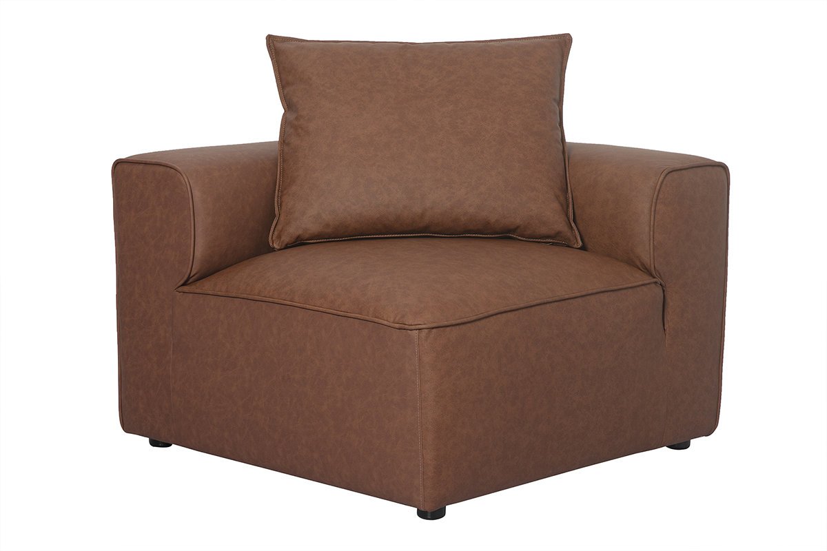 Module d'angle droit en cuir marron FERGUS avec coussin, vue de face