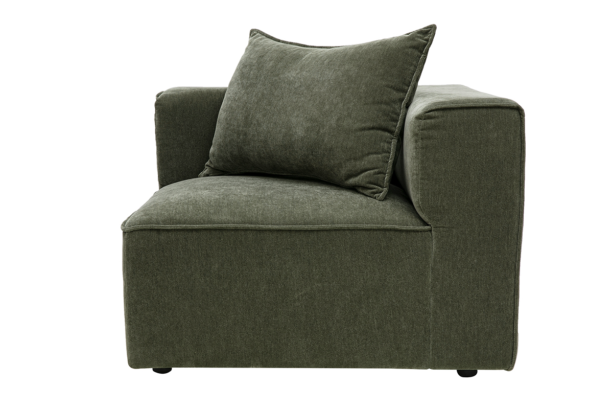 Module d'angle droit KERRY en tissu effet velours vert kaki, vue de profil avec coussin.