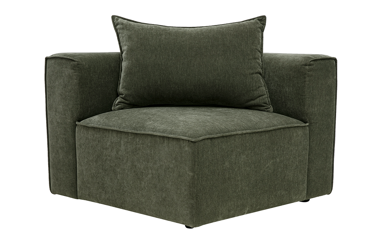 Module d'angle droit en tissu effet velours vert kaki KERRY, vue de face avec coussin.