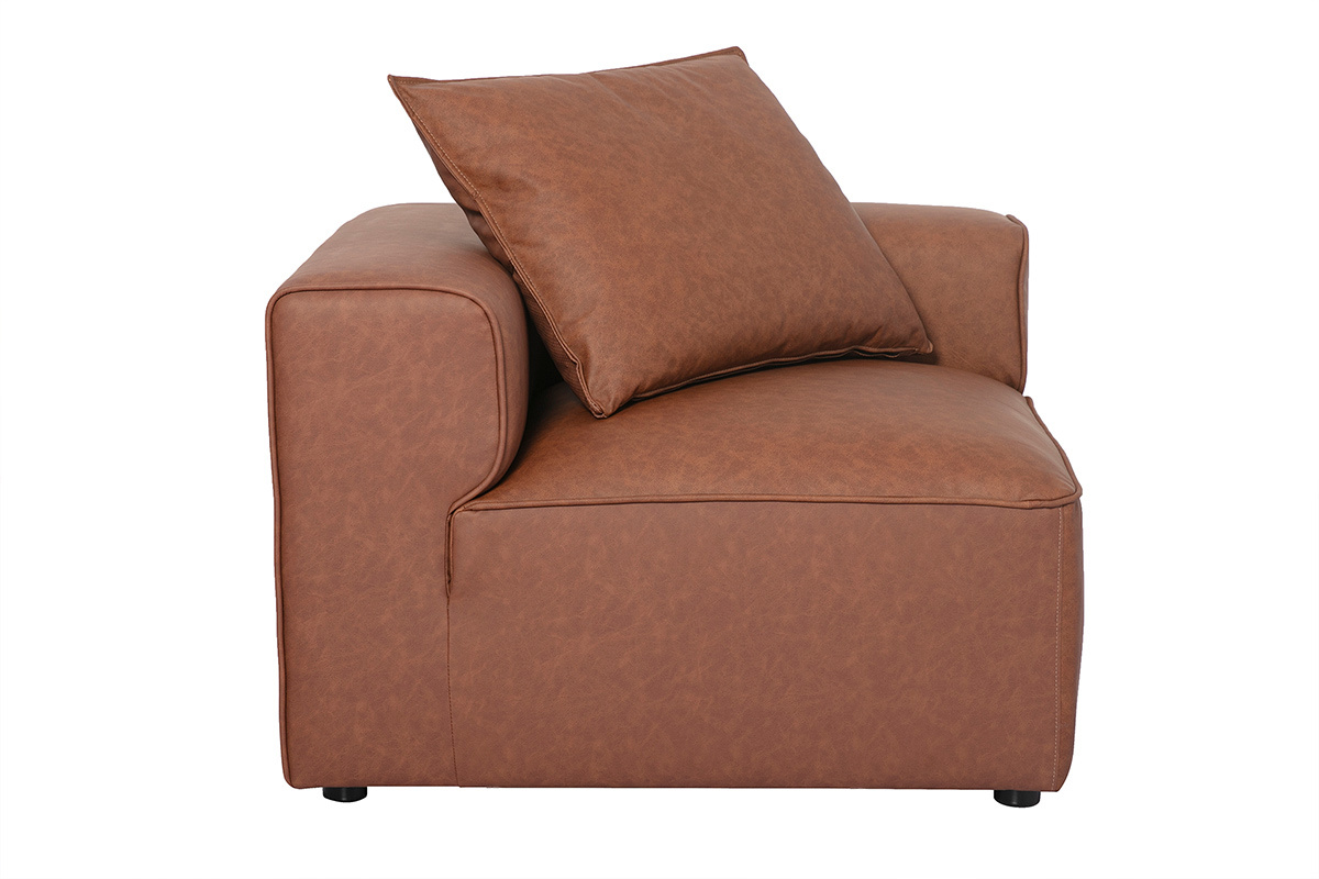 Module d'angle gauche en cuir marron FERGUS, vue de profil avec coussin
