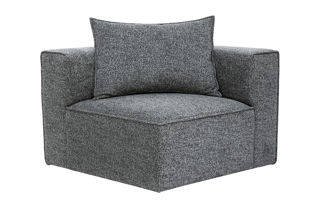 Module d'angle gauche KERRY en tissu chin� gris fonc�, vue de face avec coussin de dossier.