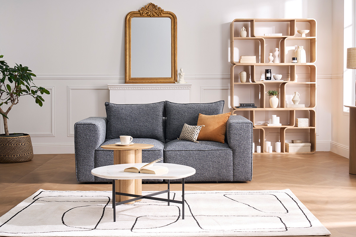 Module d'angle gauche KERRY en tissu chin� gris fonc�, vue de face avec un salon moderne.