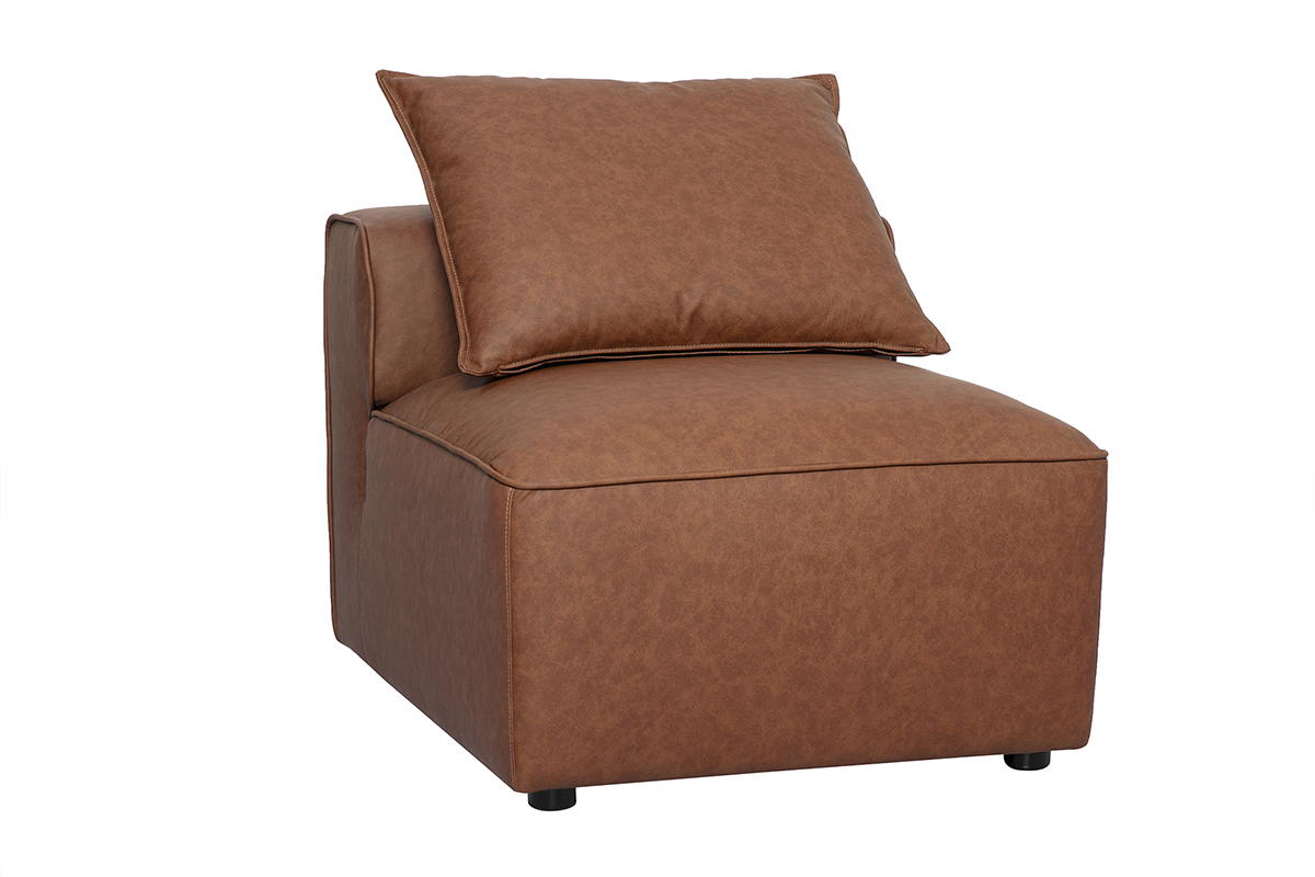 Module droit en cuir marron FERGUS avec coussin, vue de 3/4.