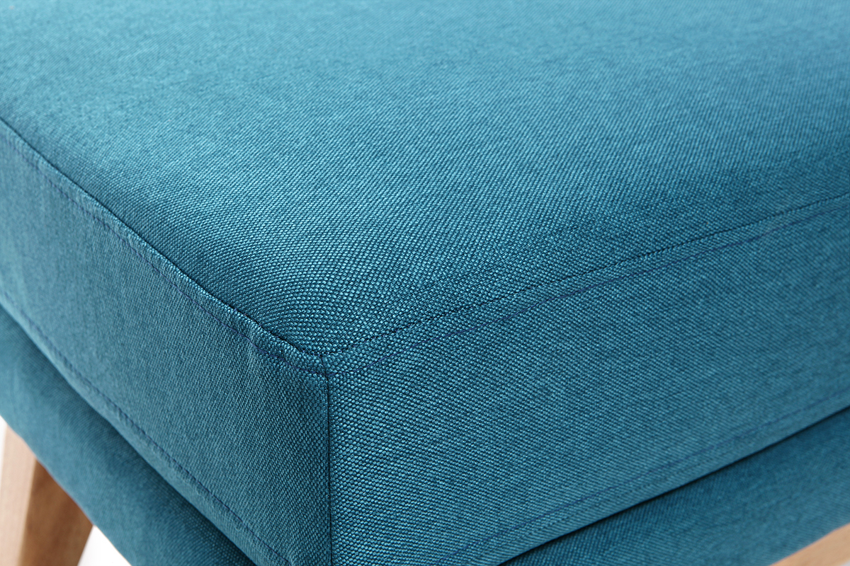 Pouf repose-pieds d�houssable scandinave en tissu bleu canard et bois clair OSLO