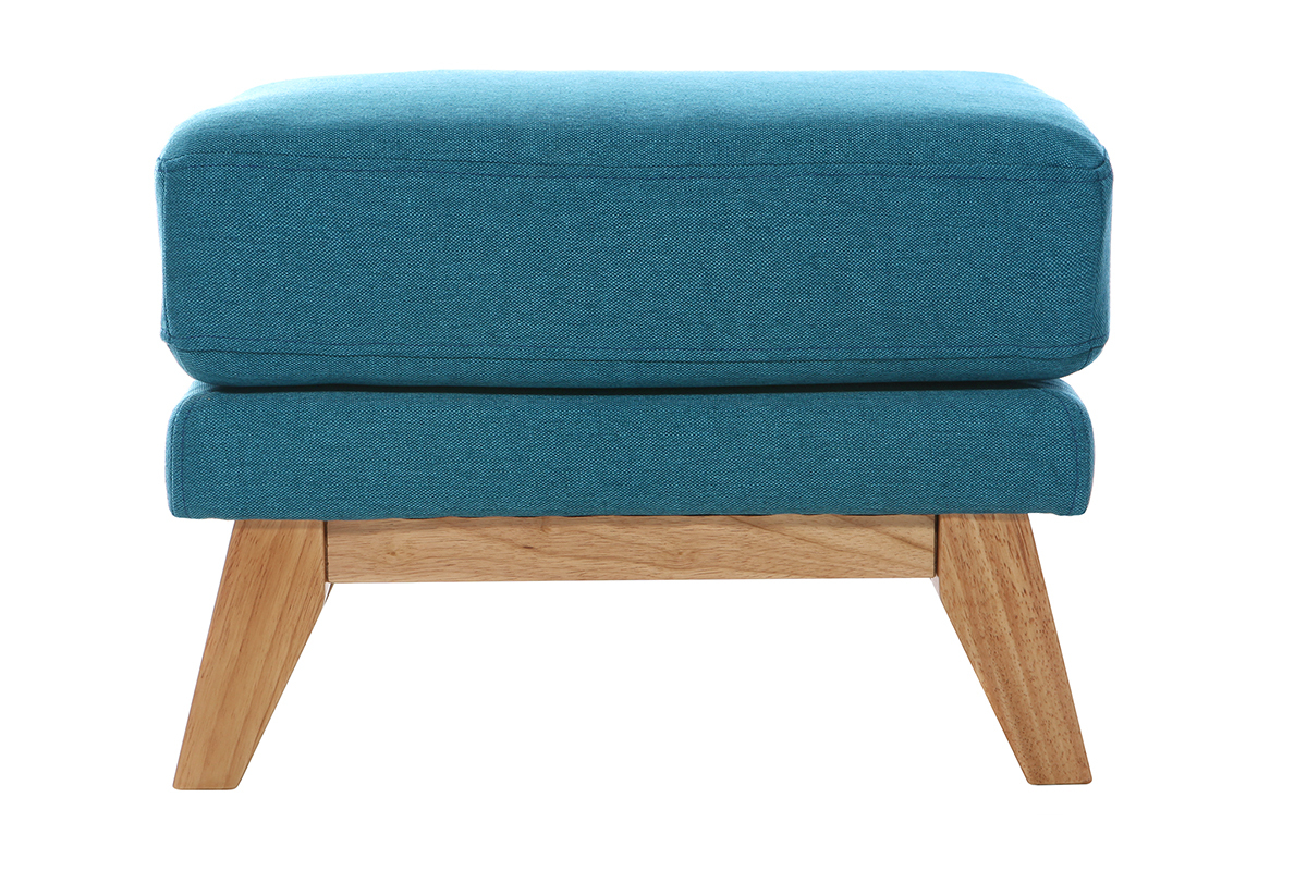 Pouf repose-pieds d�houssable scandinave en tissu bleu canard et bois clair OSLO