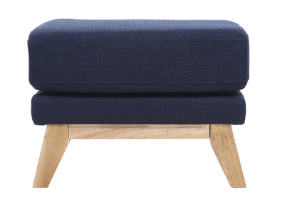 Pouf repose-pieds d&eacute;houssable scandinave en tissu bleu fonc&eacute; et bois clair OSLO