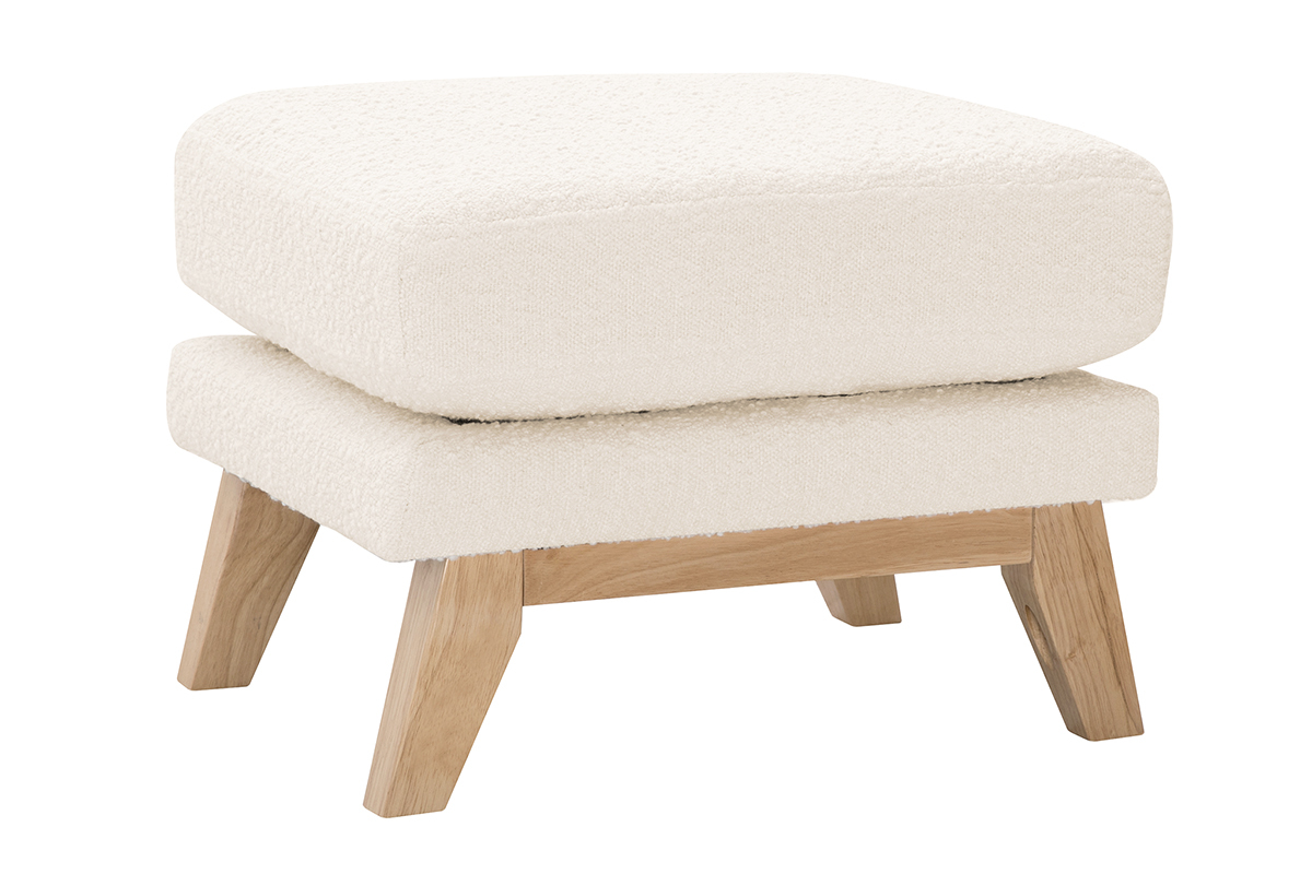 Pouf repose-pieds d�houssable scandinave en tissu effet laine boucl�e blanc cass� et bois clair OSLO