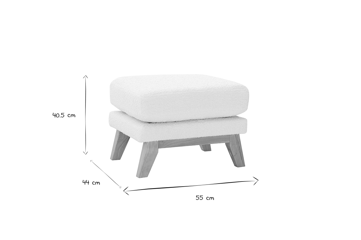 Pouf repose-pieds d�houssable scandinave en tissu effet laine boucl�e blanc cass� et bois clair OSLO