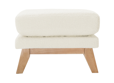 Pouf repose-pieds d&eacute;houssable scandinave en tissu effet laine boucl&eacute;e blanc cass&eacute; et bois clair OSLO