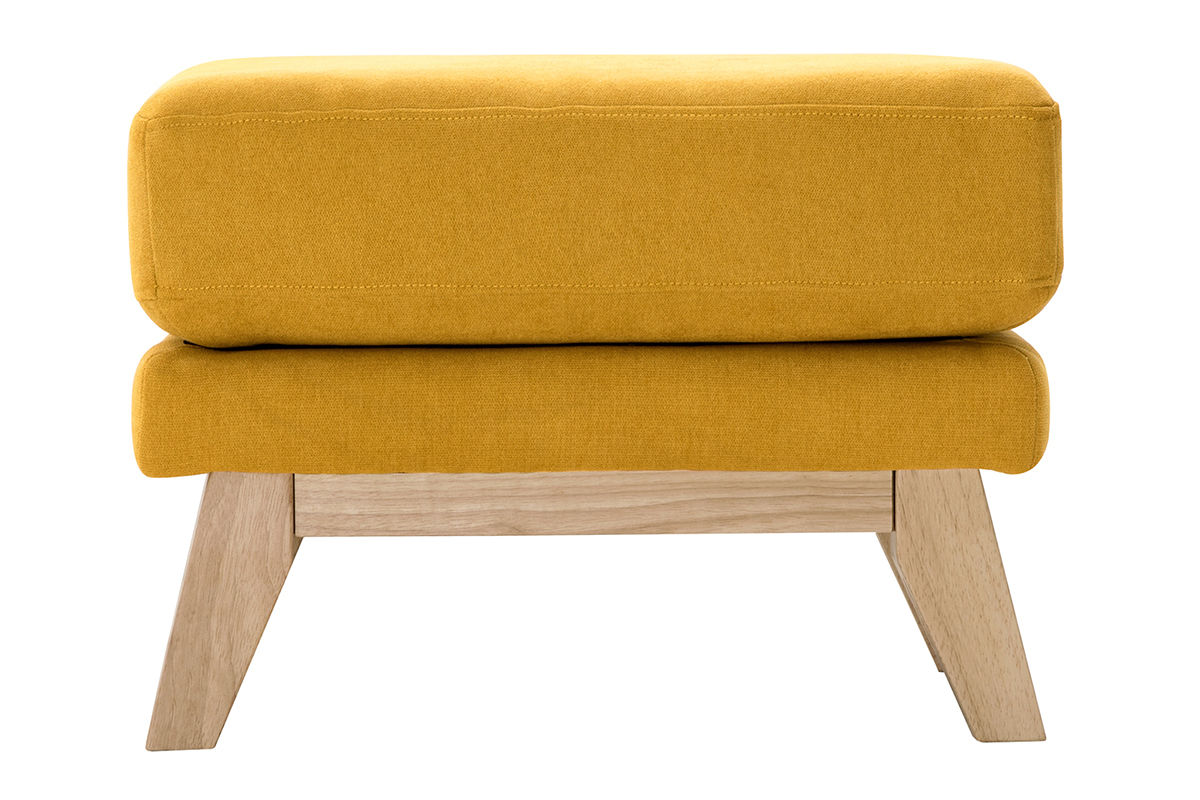 Pouf repose-pieds scandinave jaune moutarde, bois clair, vue de face.
