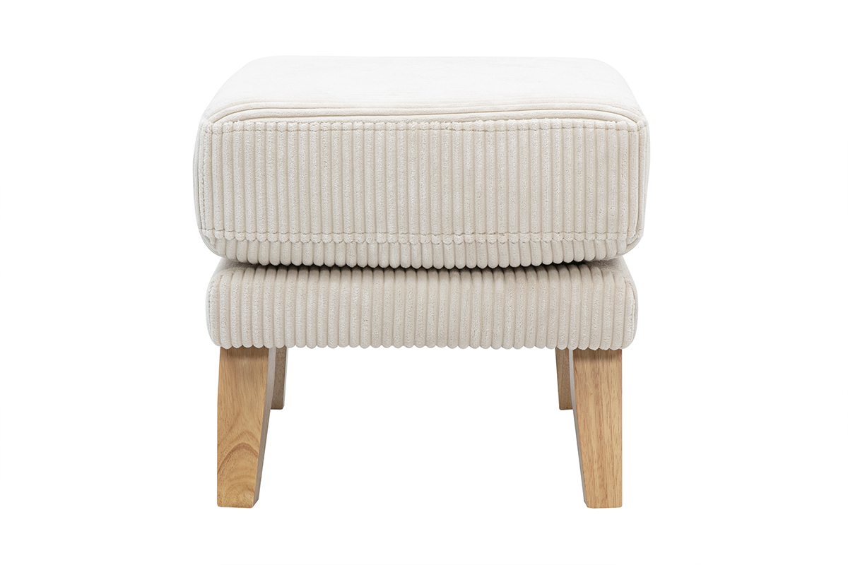 Pouf scandinave en tissu velours c�tel� beige, pieds en bois clair, vue de profil.
