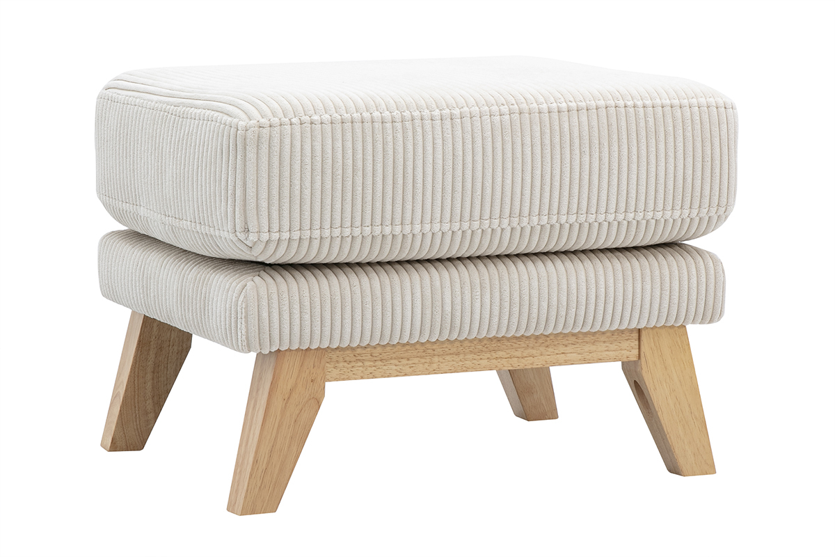 Pouf repose-pieds scandinave en velours c�tel� beige et bois clair, vue de 3/4.