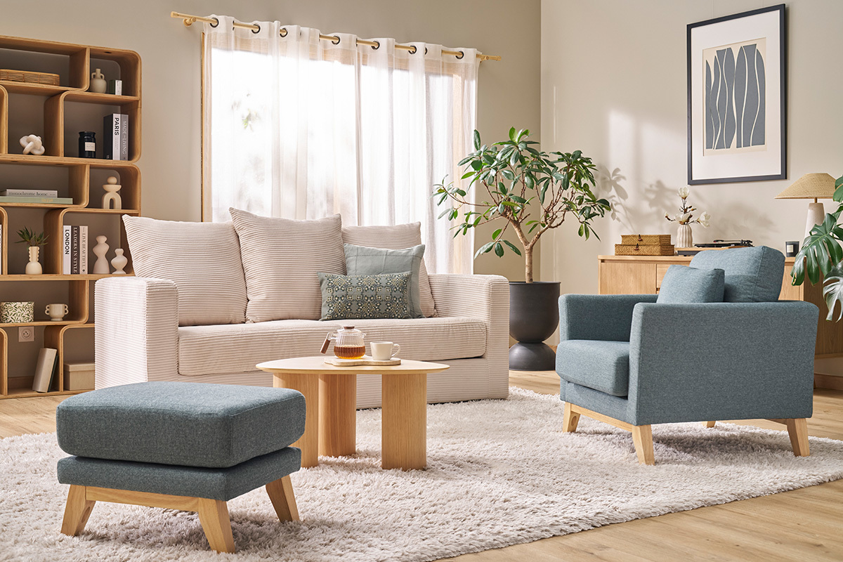 Pouf repose-pieds d�houssable scandinave en tissu vert de gris et bois clair OSLO