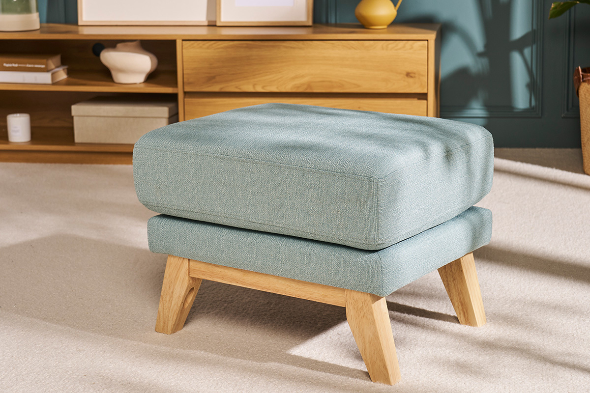 Pouf repose-pieds d�houssable scandinave en tissu vert lagon et bois clair OSLO