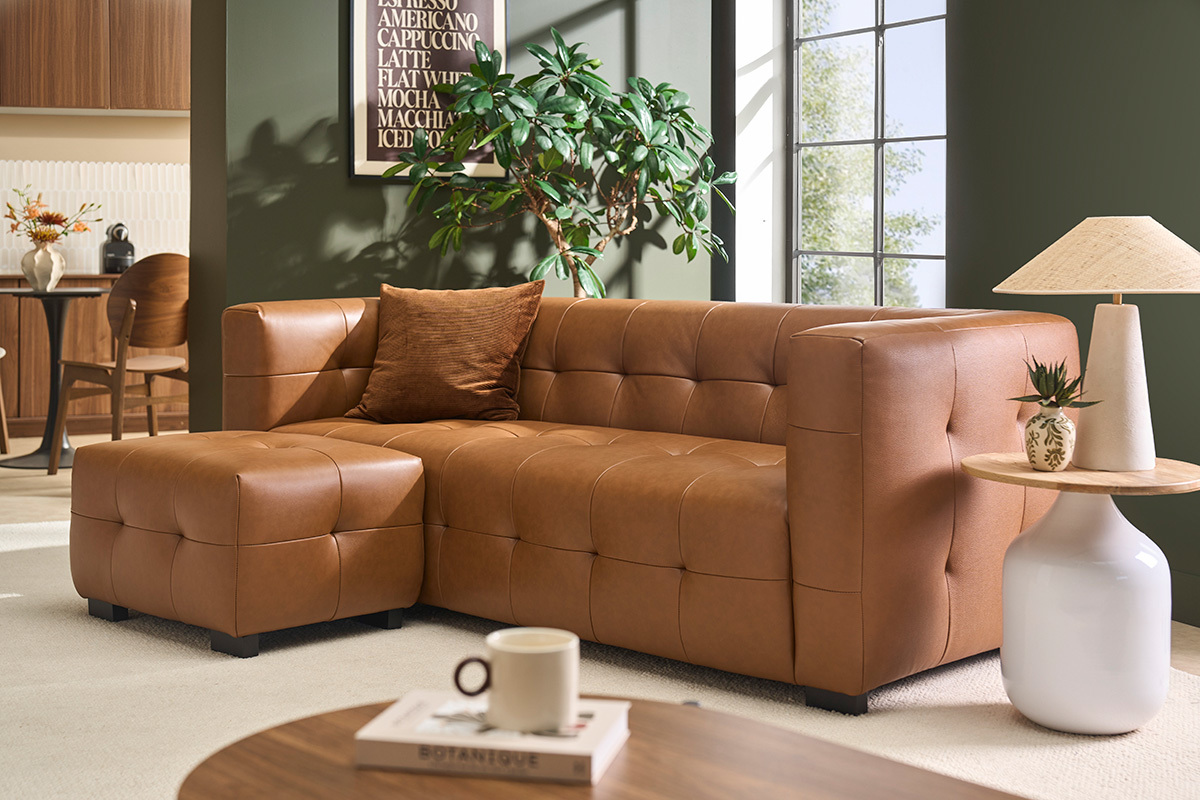 Pouf repose-pieds design en cuir marron CORTO