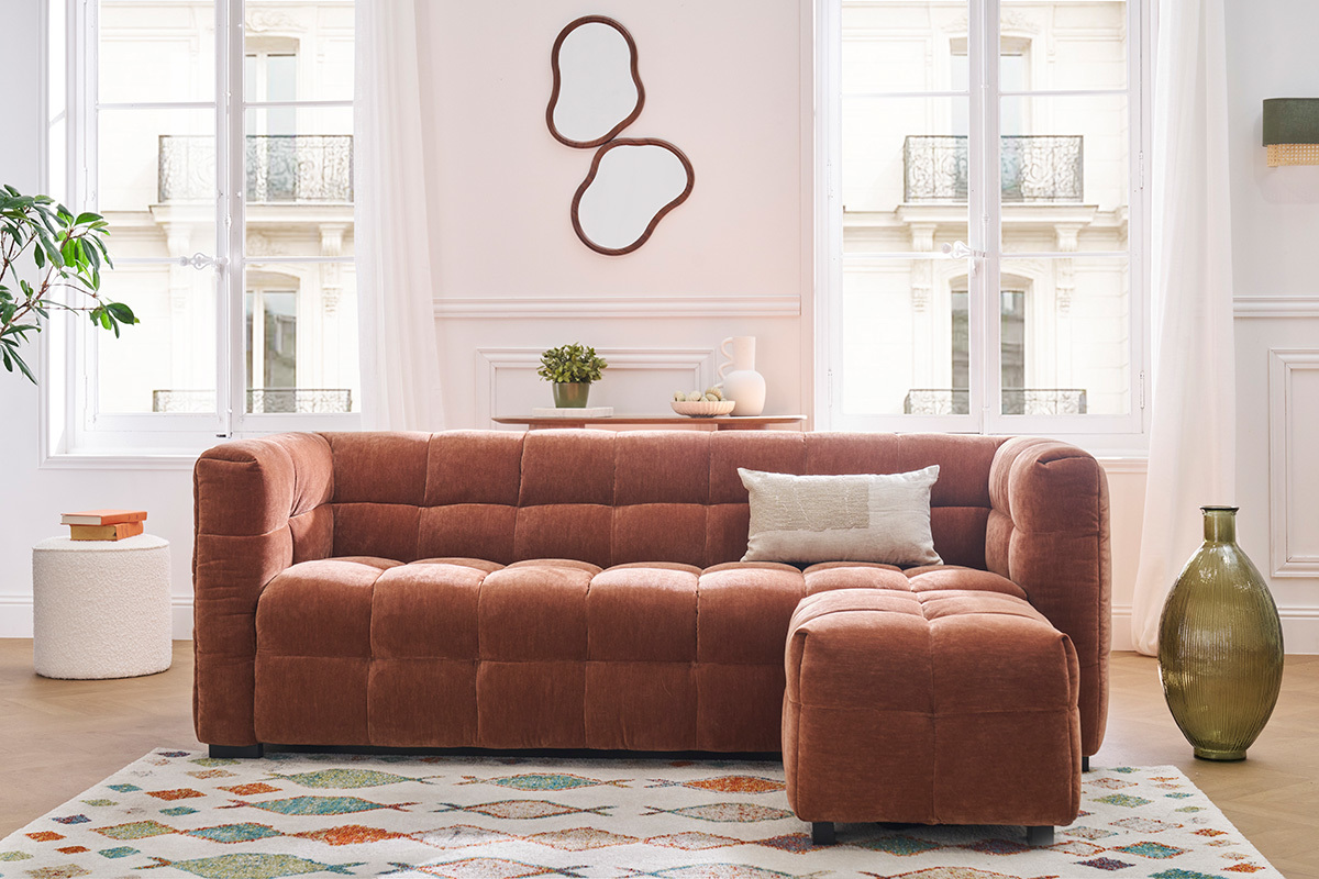 Pouf repose-pieds design en tissu effet velours terre br�l�e CORTO
