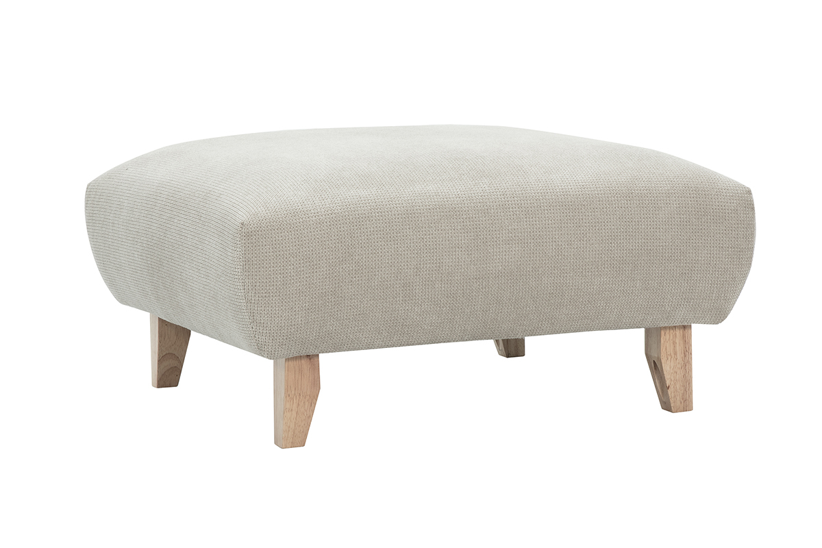 Pouf repose-pieds en tissu beige et bois clair, vue de 3/4.