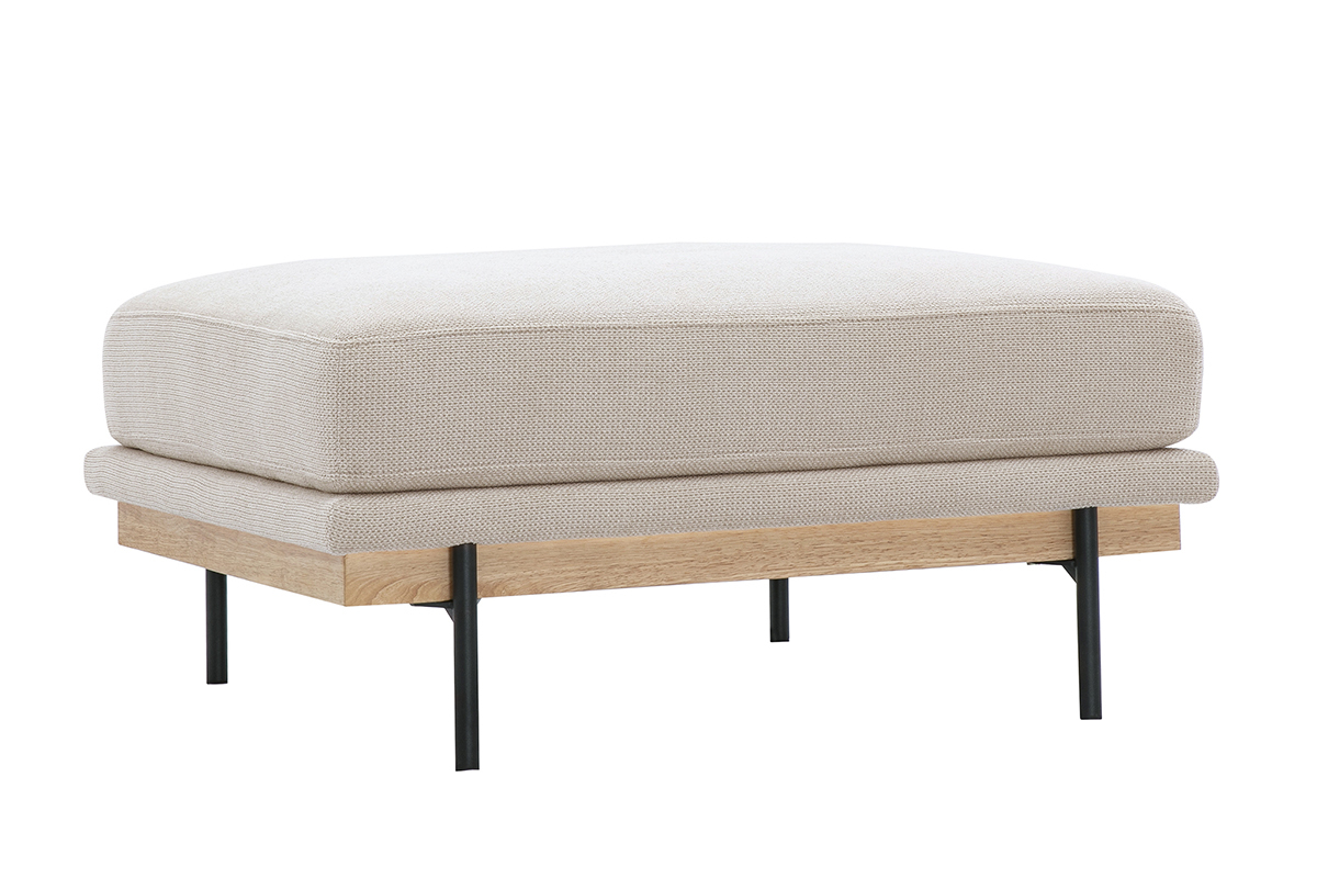 Pouf repose-pieds beige en tissu chenille et m�tal noir, vue de 3/4.